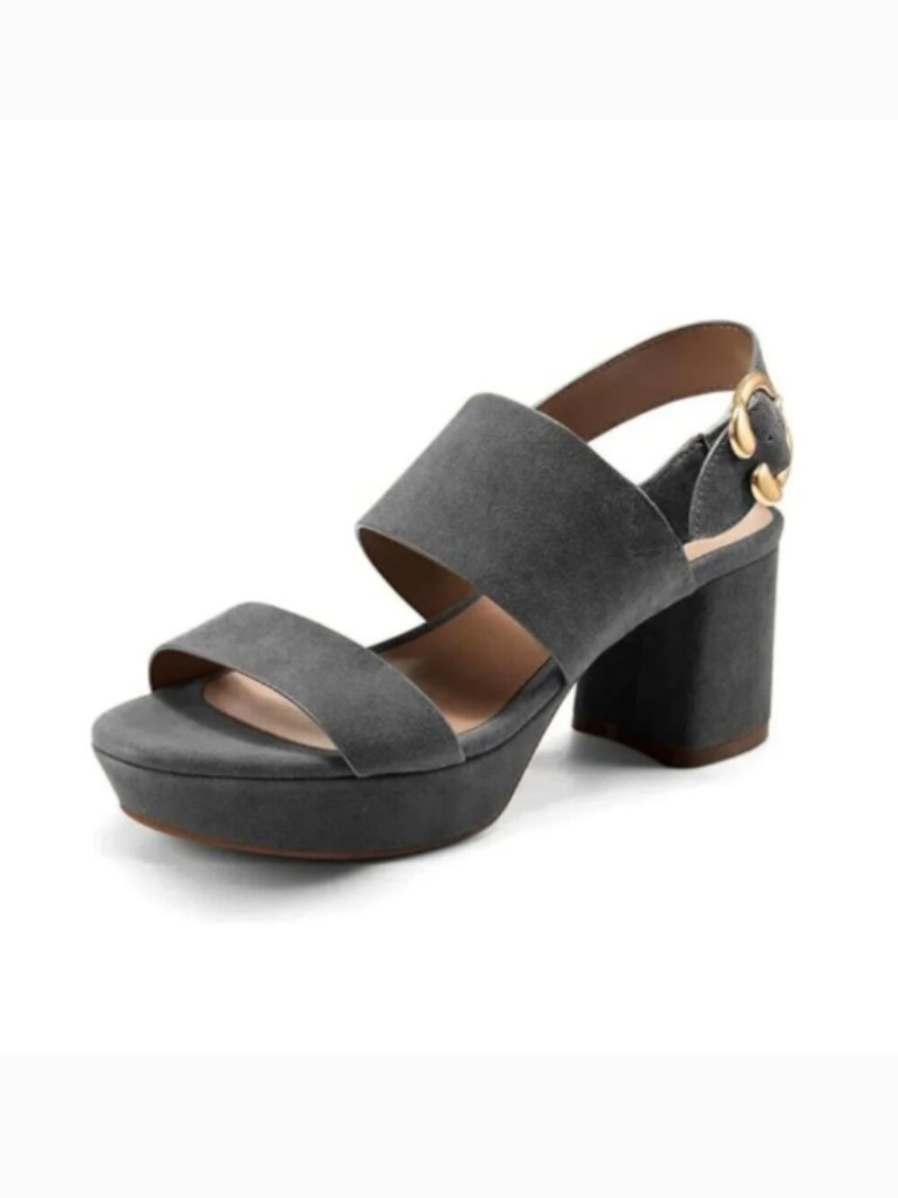FOWT Grey Open Toe Platfrom Sandals Chunky Mid Heel Slingbacks Buckle Shoes